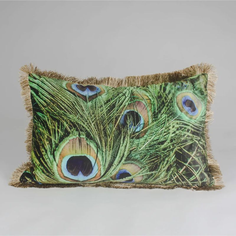 Peacock Feather Fringed Cushion Cover