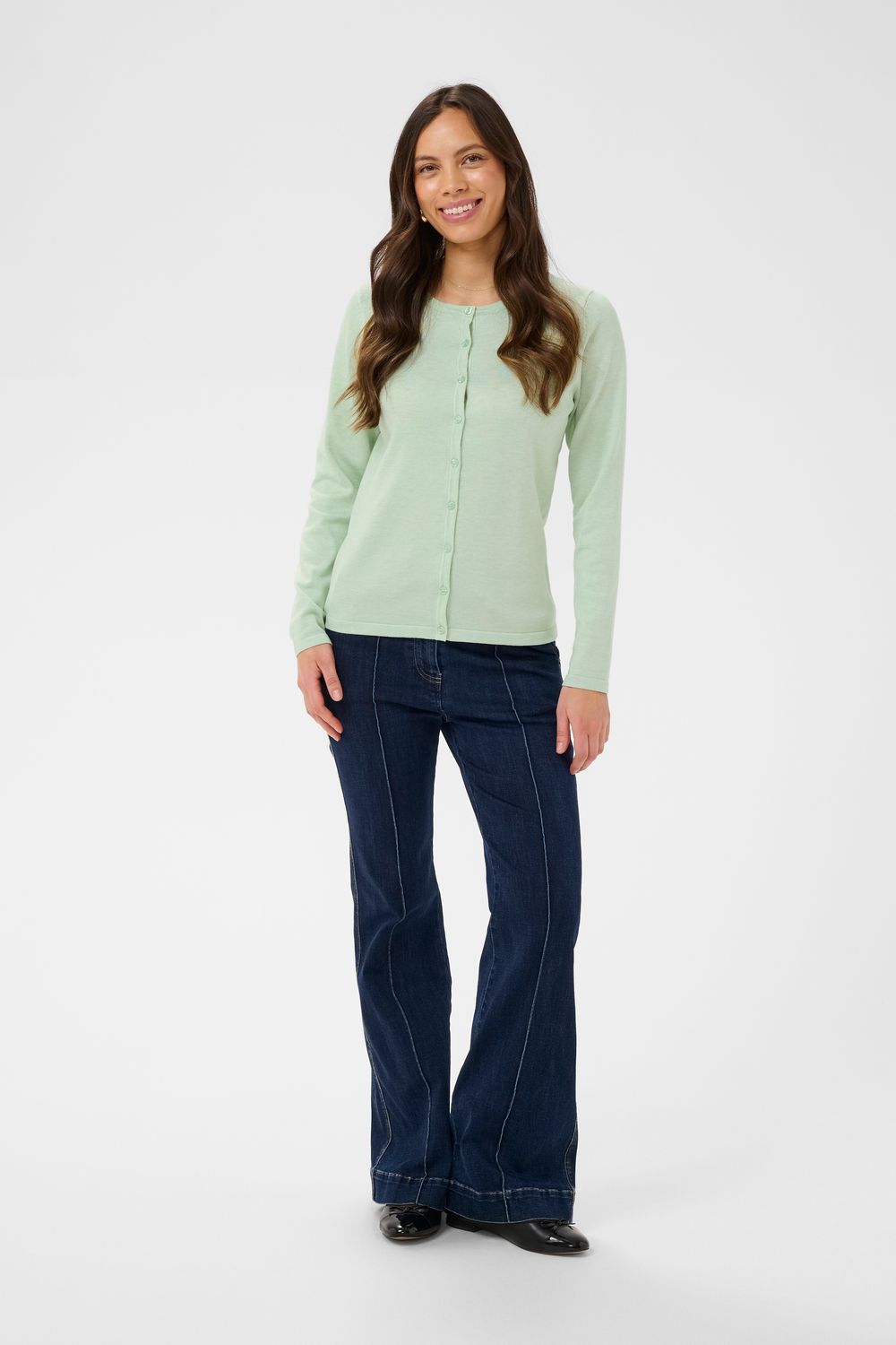 Mila R-Neck Cardigan - Cameo Green Melange