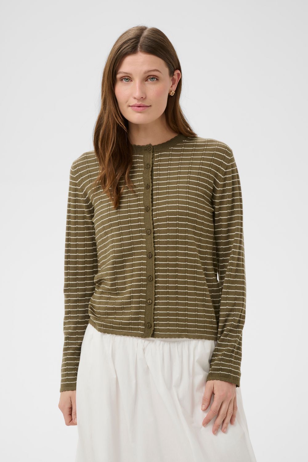 Spina Striped Cardigan - Dusky Green w Turtledove Stripes