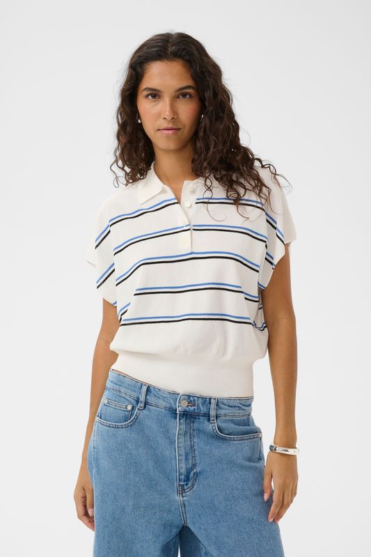 Elana Polo - White w Blue &amp; Black Stripe