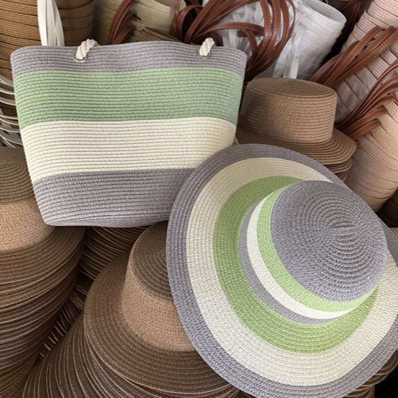 Sun Hat &amp; Large Tote Beach Set - Green/Grey