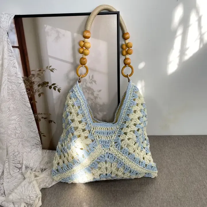 Beaded Handle Summer Crochet Beach Bag - Blue