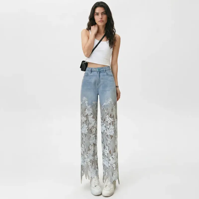 Lace Leg Jeans - Blue