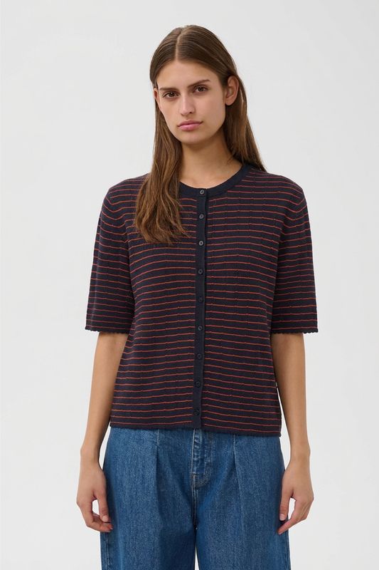 Spina Striped Loose Cardigan - Navy w Pumpkin Stripe
