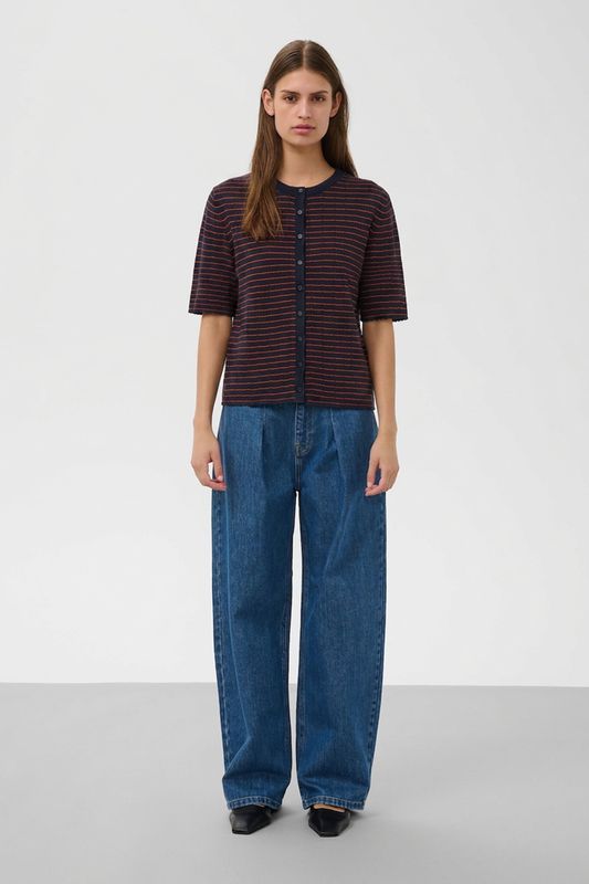 Spina Striped Loose Cardigan - Navy w Pumpkin Stripe