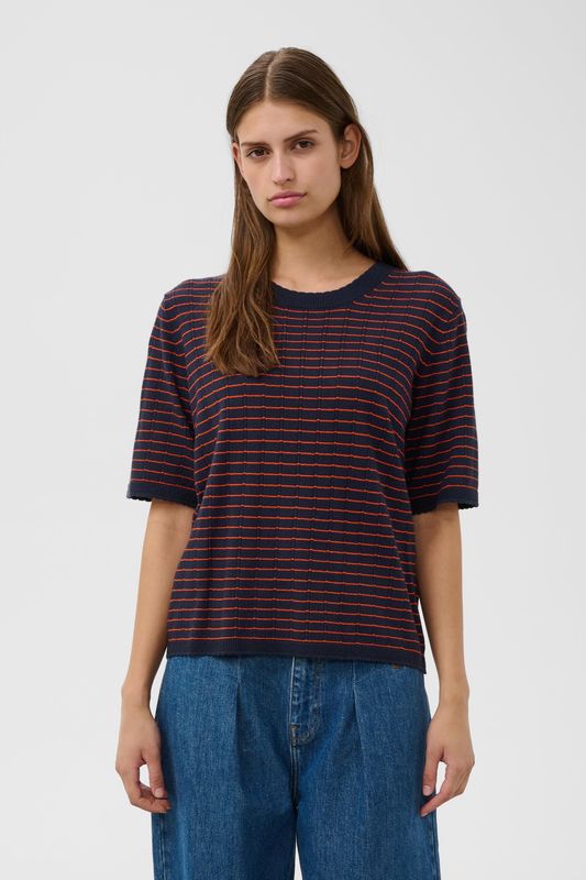 Spina SS Pullover - Navy w Pumpkin Stripe