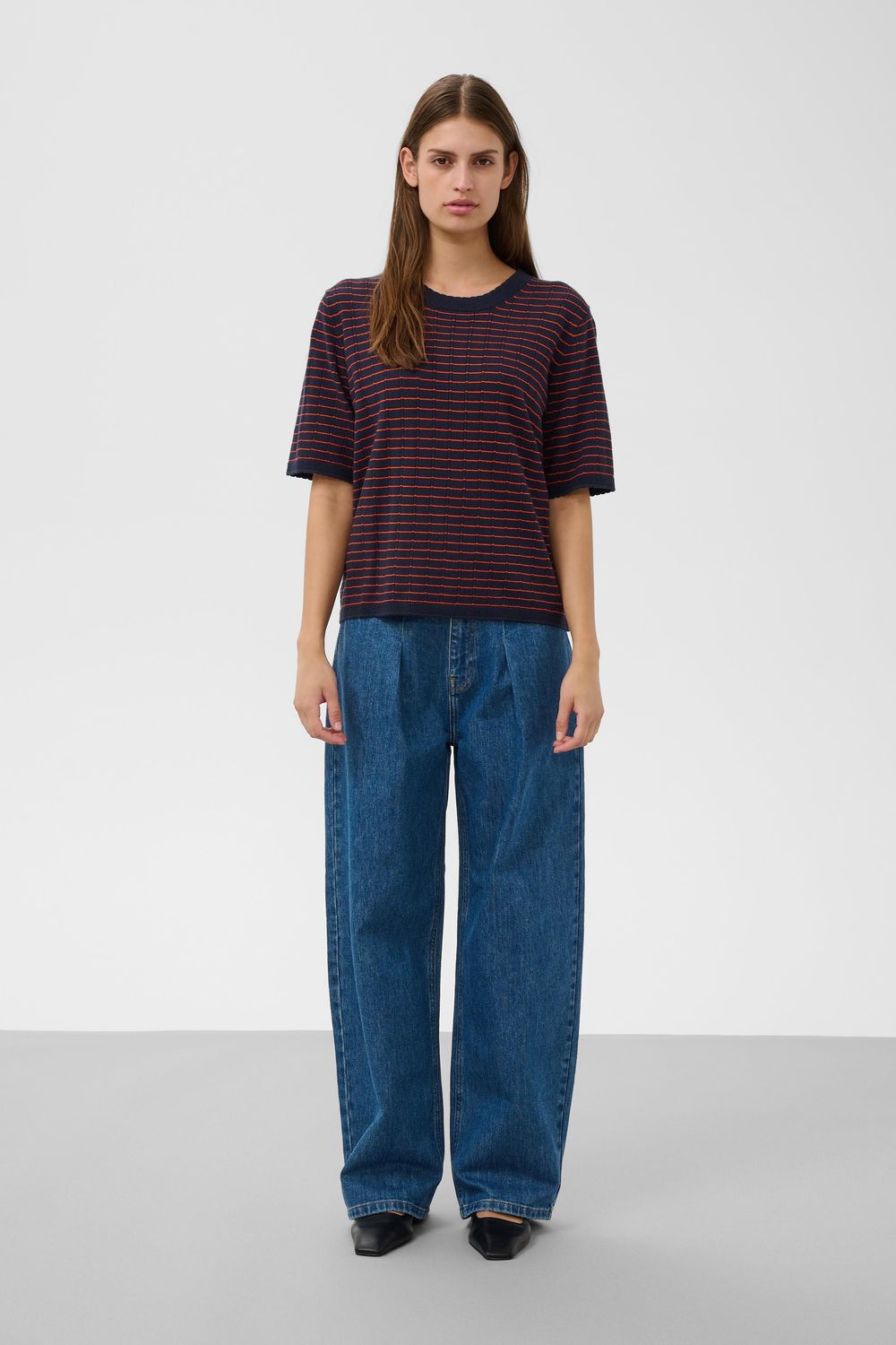 Spina SS Pullover - Navy w Pumpkin Stripe