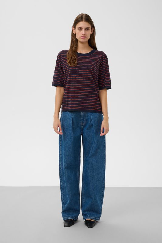 Spina SS Pullover - Navy w Pumpkin Stripe