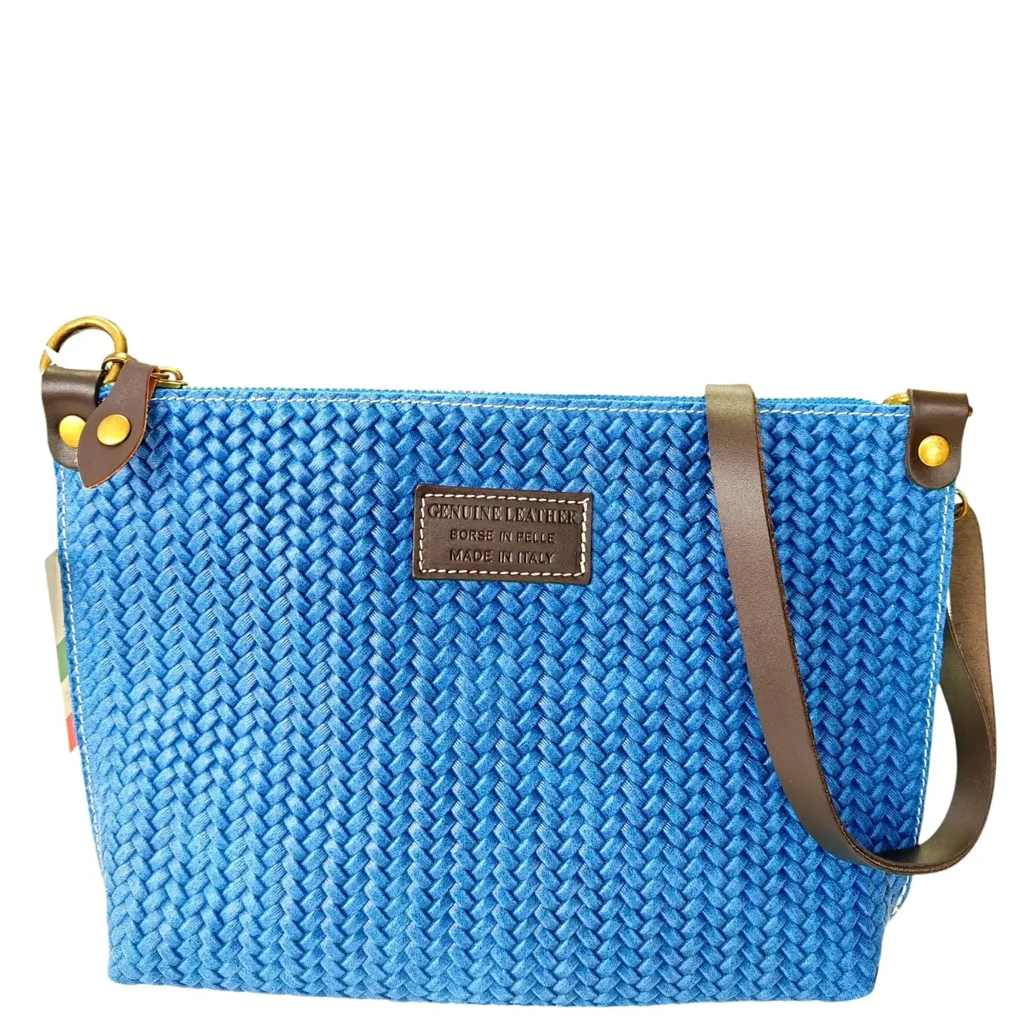 Italian Real Leather Woven Patterned Shoulder Messenger Bag - Denim Blue