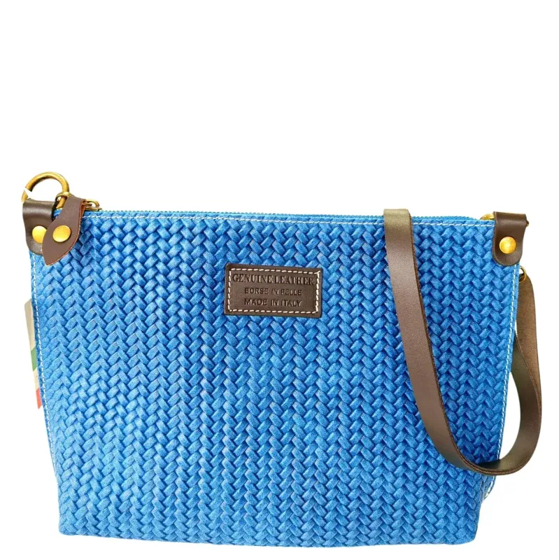Italian Real Leather Woven Patterned Shoulder Messenger Bag - Denim Blue