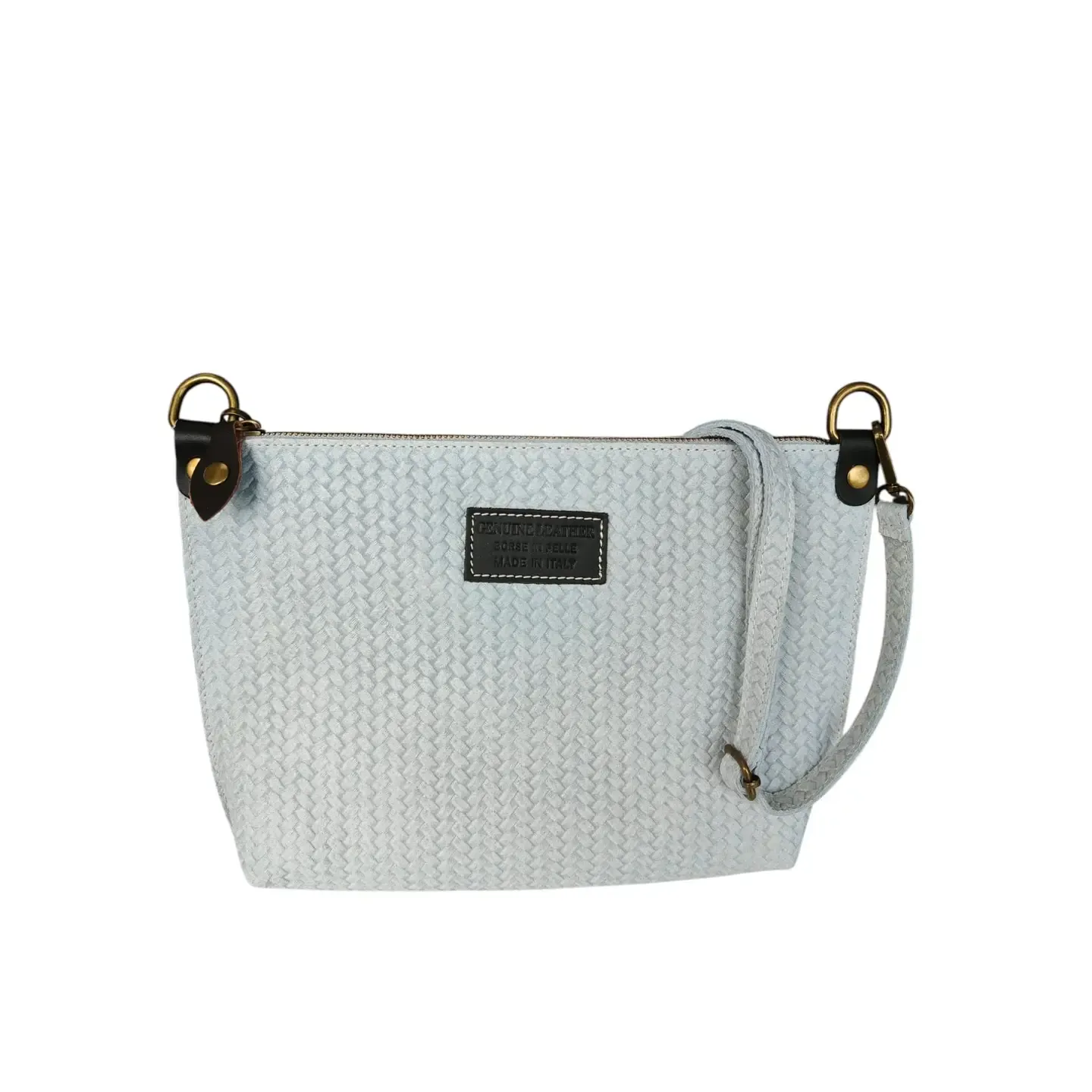 Italian Real Leather Woven Patterned Shoulder - Pale Blue