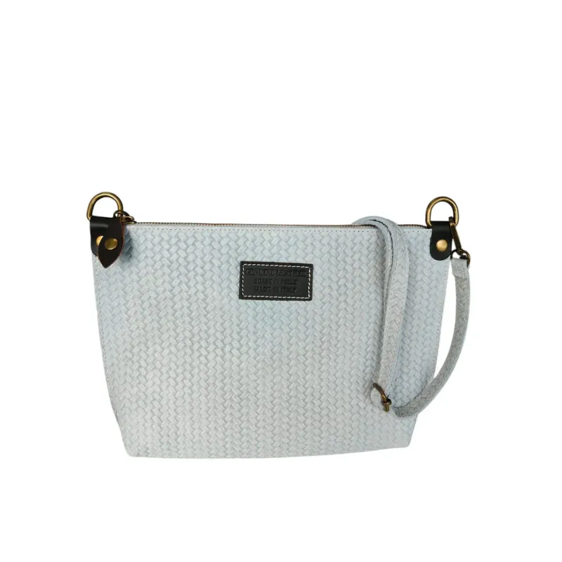 Italian Real Leather Woven Patterned Shoulder - Pale Blue