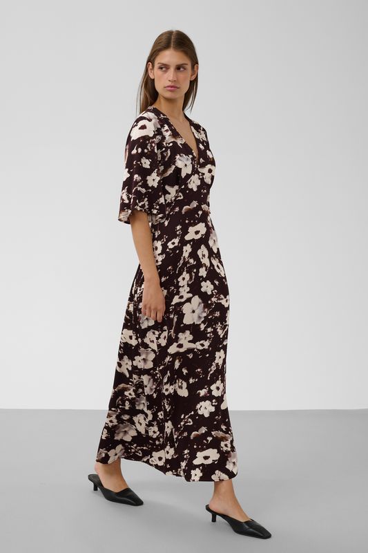 Clero Printed Midi Dress - Brown Flower Print