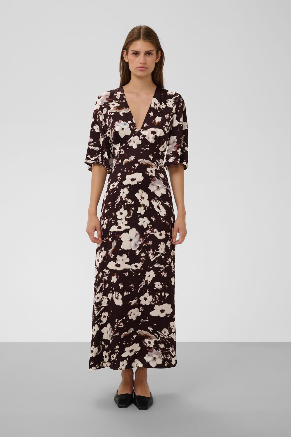 Clero Printed Midi Dress - Brown Flower Print