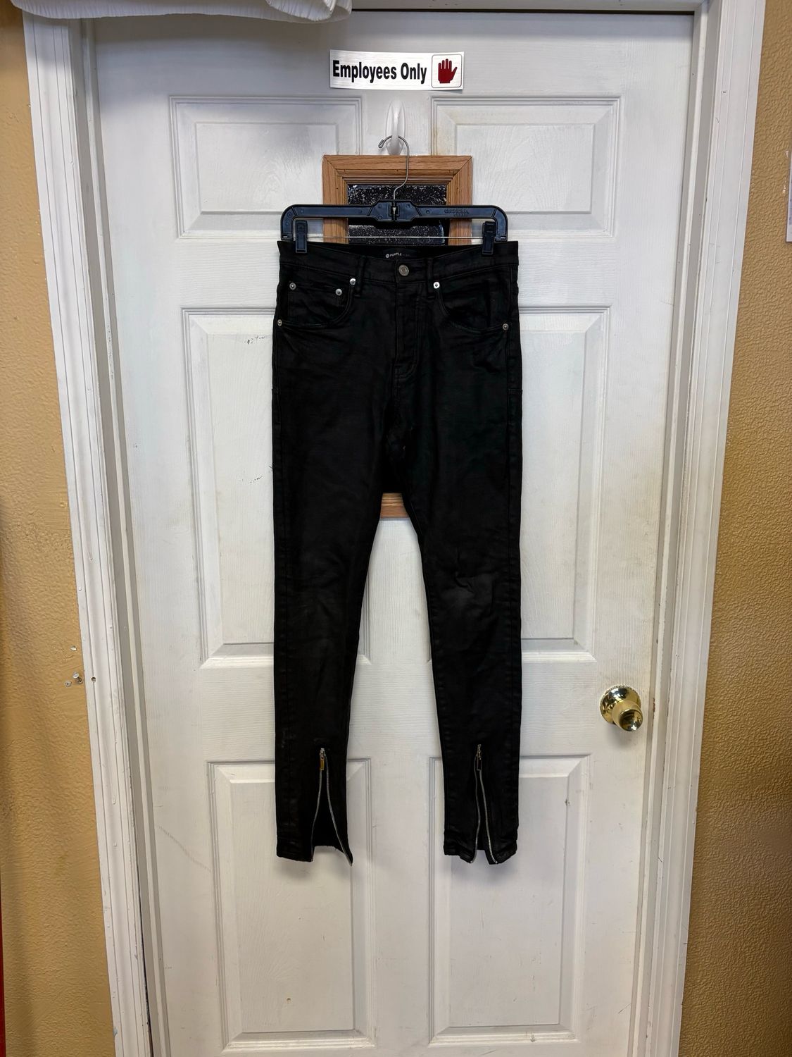 Purple brand center front him zipper black wax look jeans waist size 28