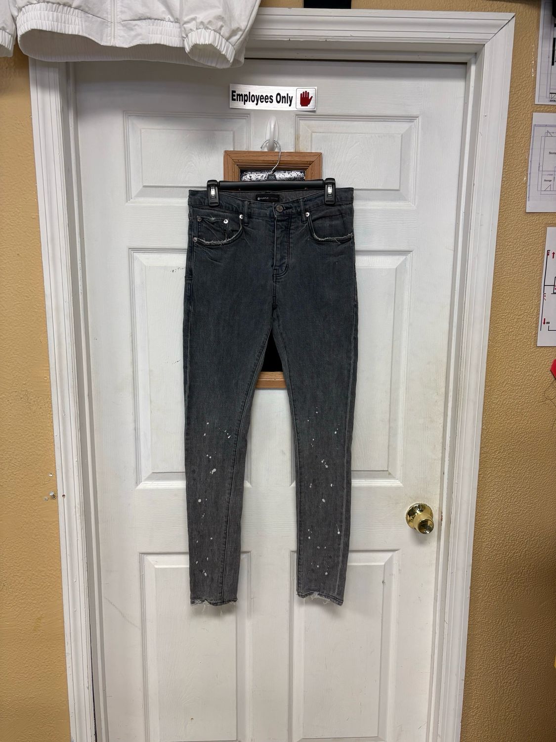 Grey paint distressed purple brand skinny jeans with back tags waist size 30