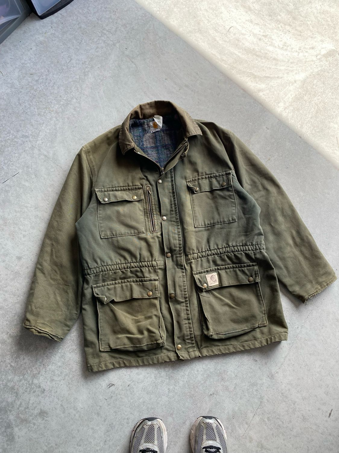 ​Vintage Rare Carhartt Barn Coat Green USA Blanket Lined Full Zip Chore Jacket PB1366 Beautiful Fade