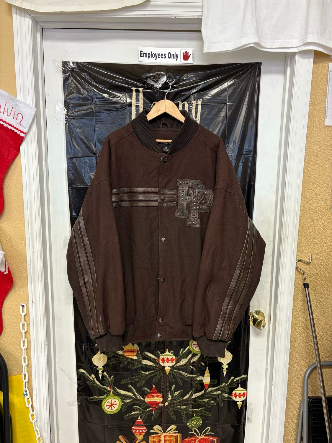 🔥 Vintage Rare Pelle Pelle Brown Wool Varsity Jacket 🔥 Size 4XL