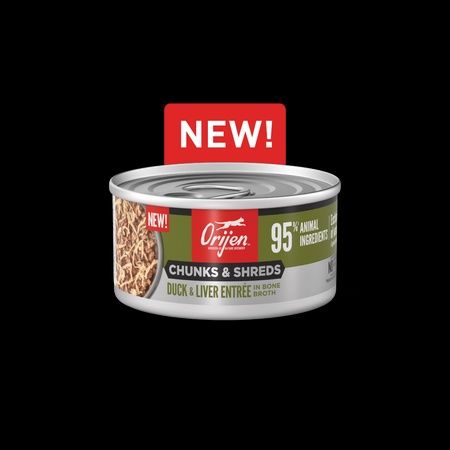 ORIJEN CAT CHUNKS SHREDS DUCK LIVER CAN 3OZ 12/CS 2CS=MC
