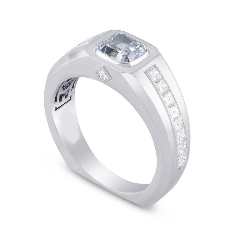 Brushed white gold, 0.30 carat natural emerald cut olive diamond ring for men