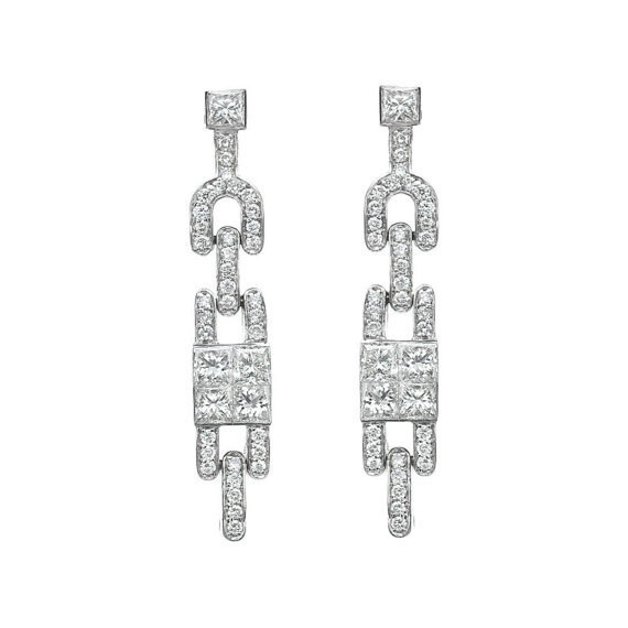 Princess Cut Diamond Earrings, Cocktail Style 18K White Gold Dangle 1.33 TCW Diamond Drop Earrings