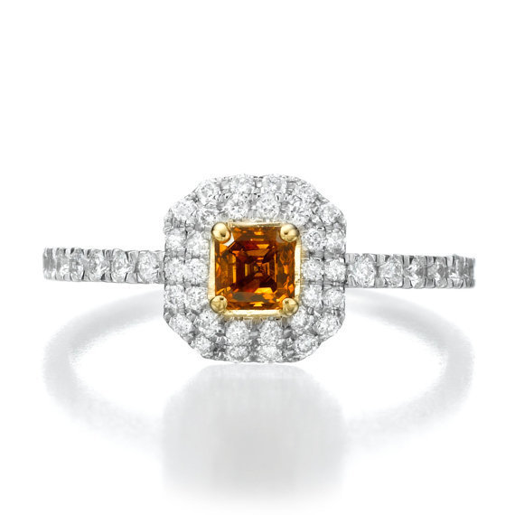 Brown Diamond Ring, 18K White Gold Engagement Ring, Double Halo Ring, 0.57 TCW Unique Engagement
