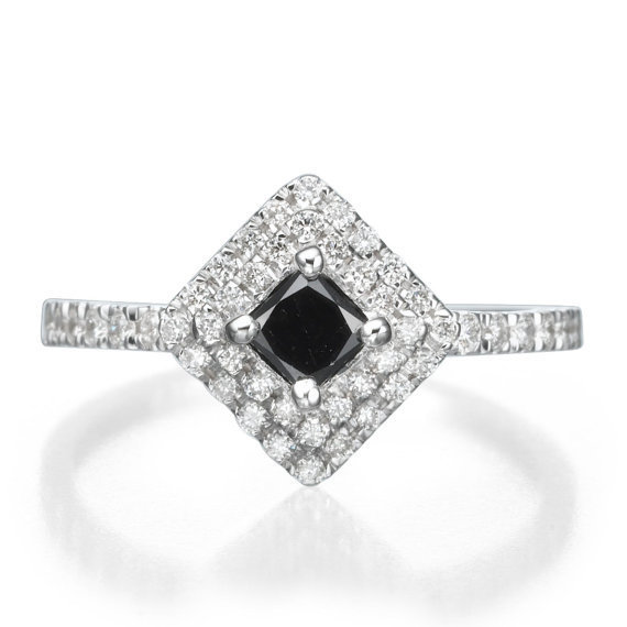 Artistic Black Diamond Engagement Ring 18K White Gold Halo Design Statement Ring