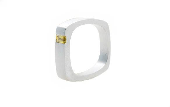 Brushed white gold, 0.30 carat natural emerald cut olive diamond ring for men