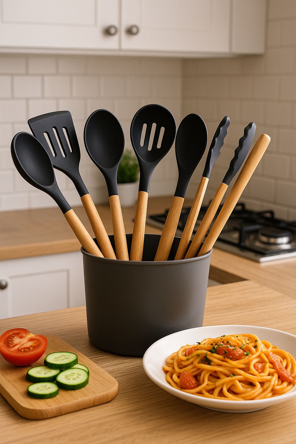 7-Piece Kitchen Utensil Set with Natural Wooden Handles