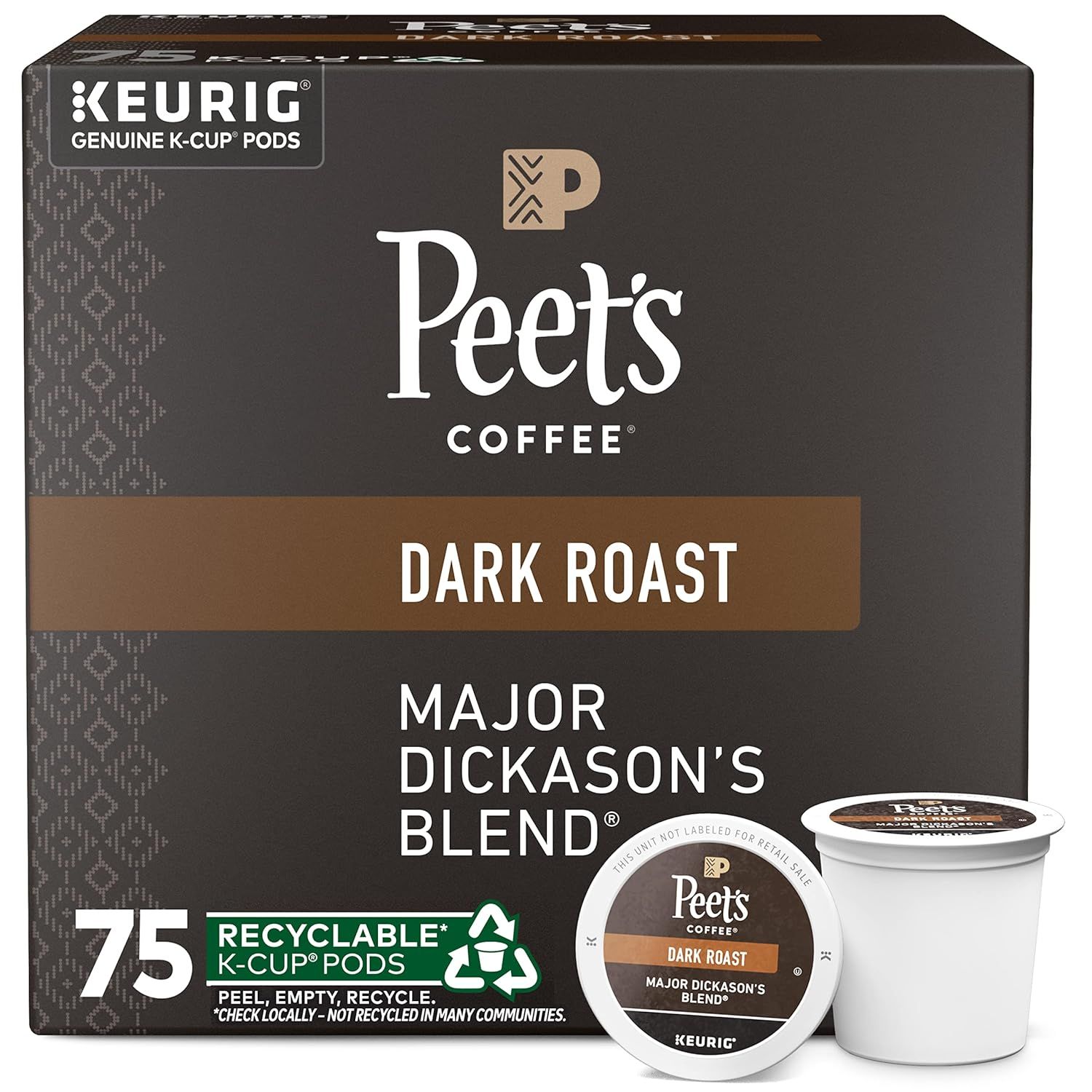 Peet&#39;s Coffee, Dark Roast Keurig K-Cup Pods - Major Dickason&#39;s Blend 75 Count (1 Box of 75 K-Cup Pods)
