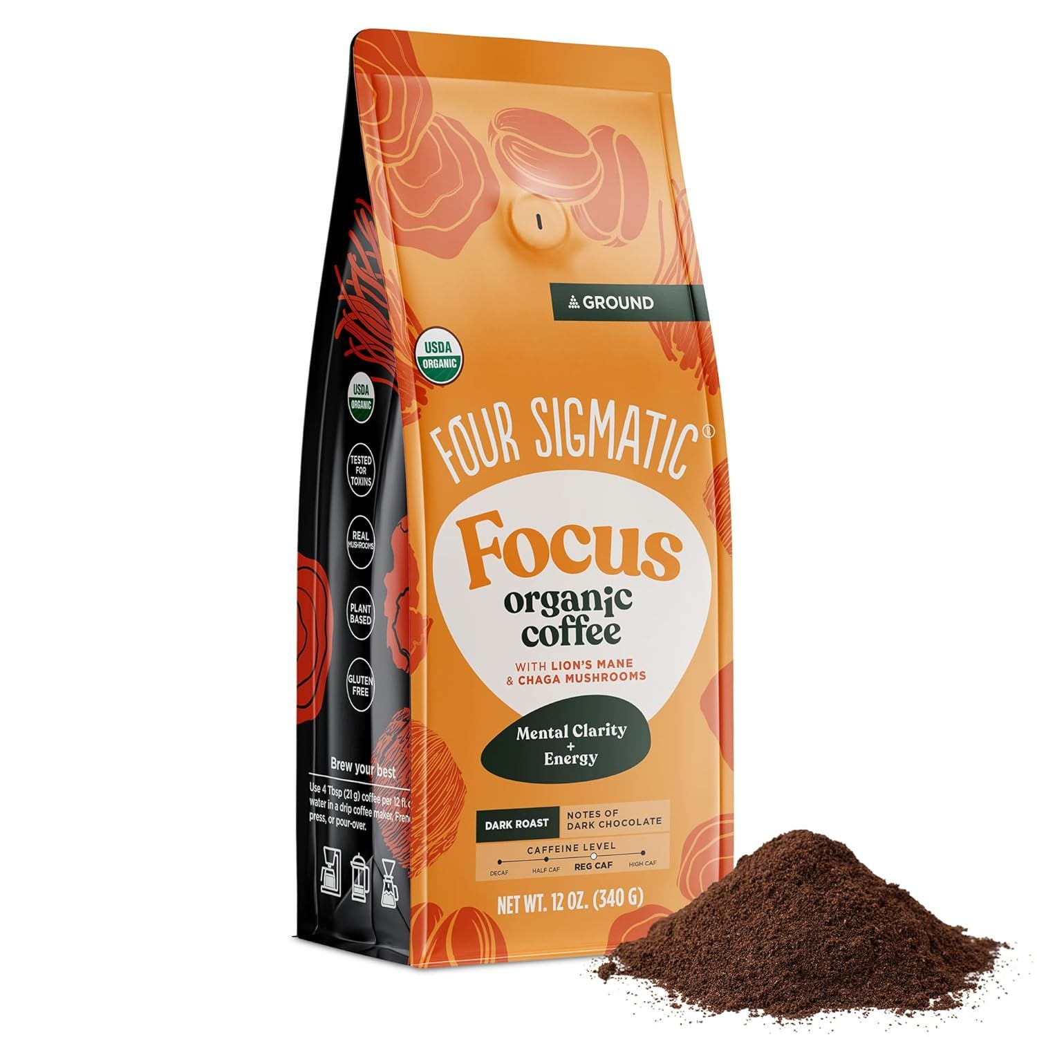 Four Sigmatic Focus Mushroom Coffee | Organic Ground Coffee with Lion&#39;s Mane Mushroom and Chaga for Better Focus and Immune Support | 12oz Bag