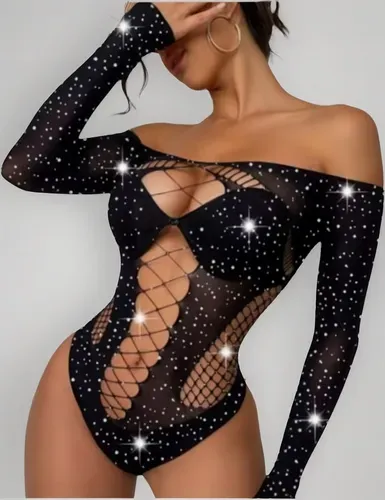 Body Red Con Brillos Manga Larga Transparentes Sexy Lencería