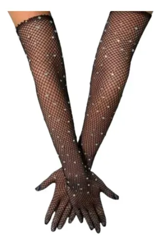 Guantes De Red Con Brillos Strass Largos, Mitones Sexy Par