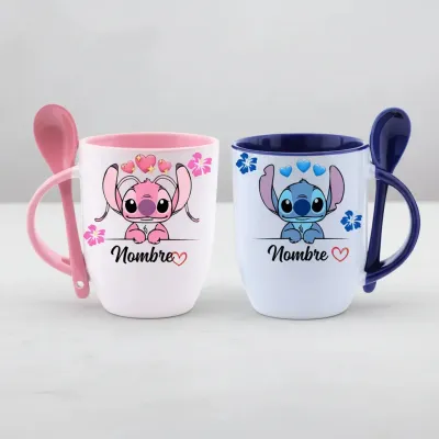 Pack X2 Taza Con Cuchara Stich Y Angela Pareja Regalo Amor