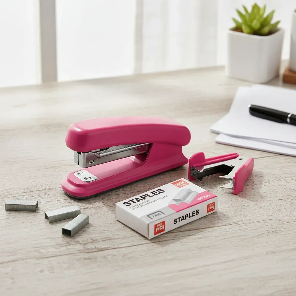 Set Kit Oficina Engrampadora + 500 Grapas + Saca Grapas Blis Rosa Chicle