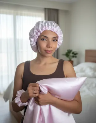 KIT CABELLO SANO FUNDA +GORRO+SCRUNCHIE SATEN