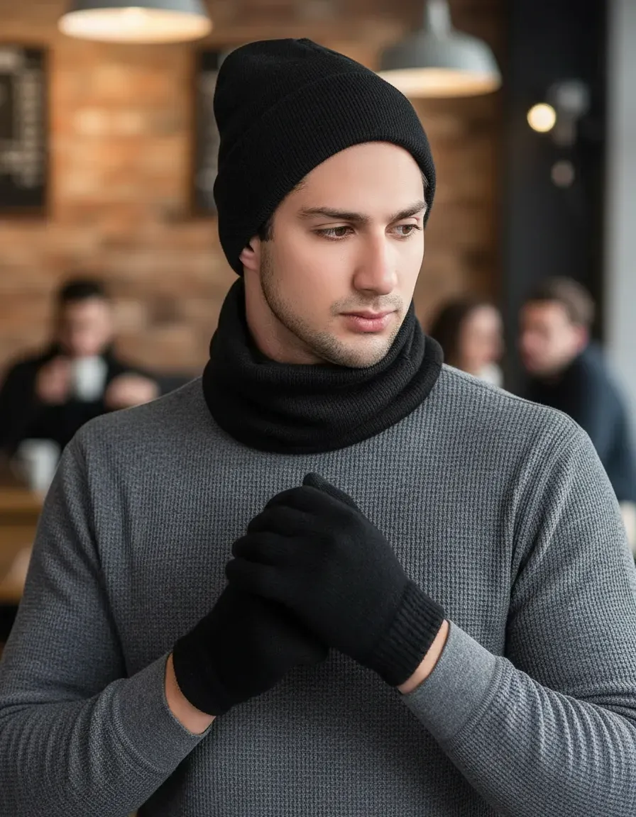 Set X3 Gorro Lana + Guantes + Cuello Bufanda Hombre