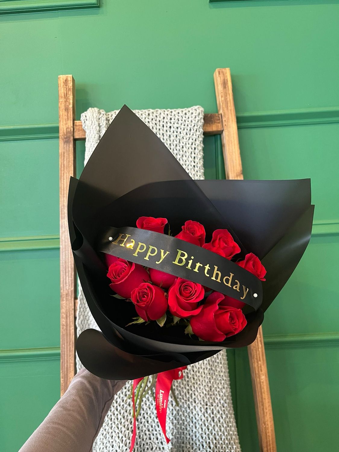 12 Roses Wrapped With Message On Ribbon 🎀