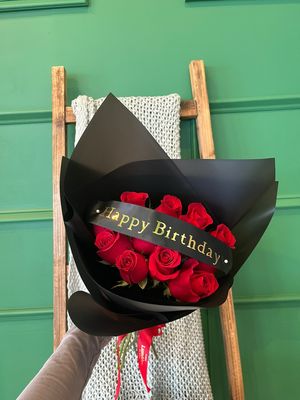 12 Roses Wrapped With Message On Ribbon 🎀