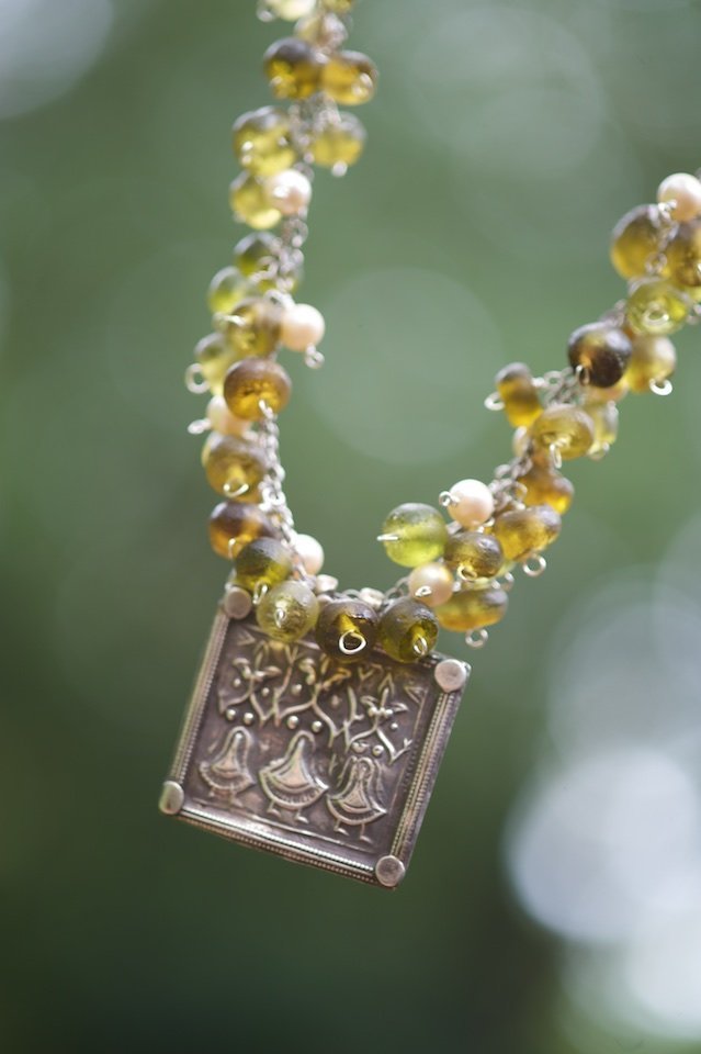 Vintage sterling silver dancing women pendant, green sea glass, cream pearls, sterling silver chain & clasp