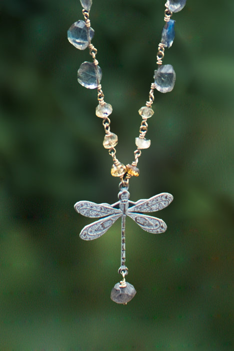 Enameled Dragon Fly, citrine, labradorite, 14kt gold-filled findings and clasp