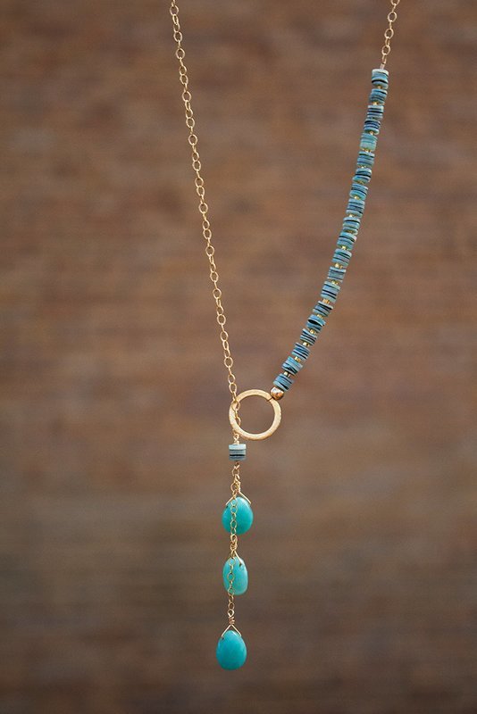Chalcedony, turquoise heshi beads, 14kt gold-filled chain, vermeil hoop