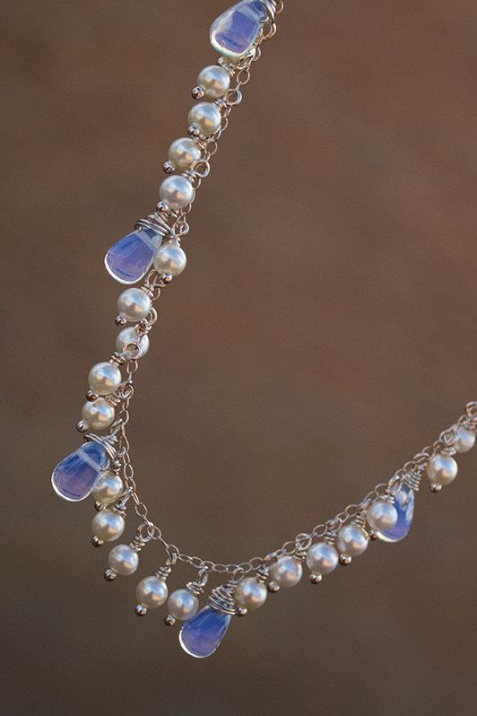 Iridescent moonstones, pearls, sterling silver chain and findings