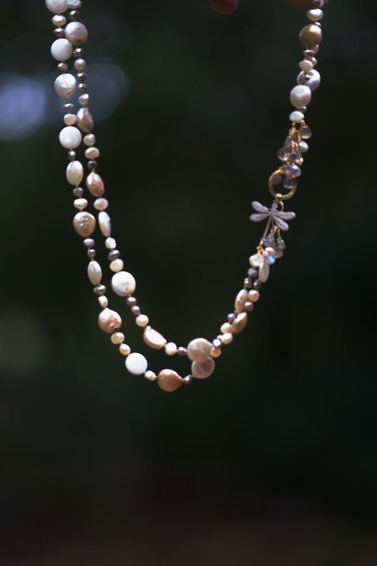 Mixed pink and gray pearls, labradorite, enameled dragon fly, 14kt gold-filled clasp