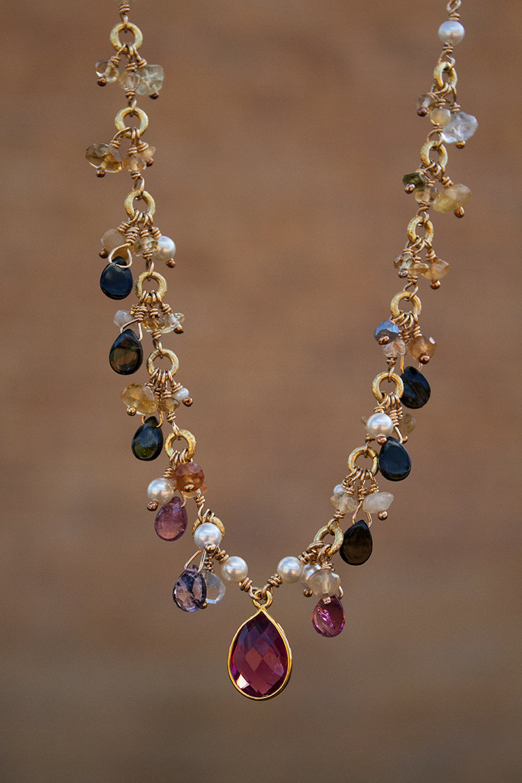 Rose cut-glass drop, pearls, variegated quartz, 14kt gold-filled chain