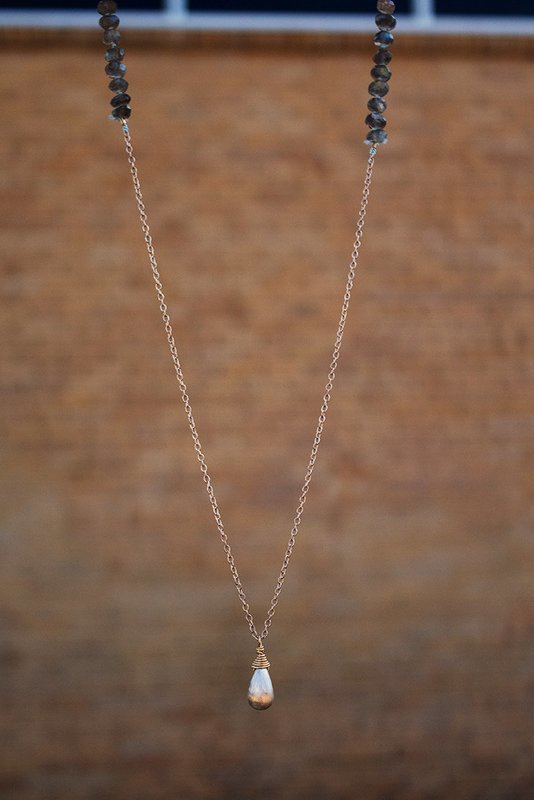 Sterling drop on 14kt gold-filled chain with labradorite beads