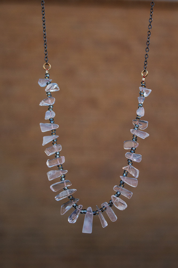 Quartz beads, oxidized silver chain, 2" 14kt gf chain drop