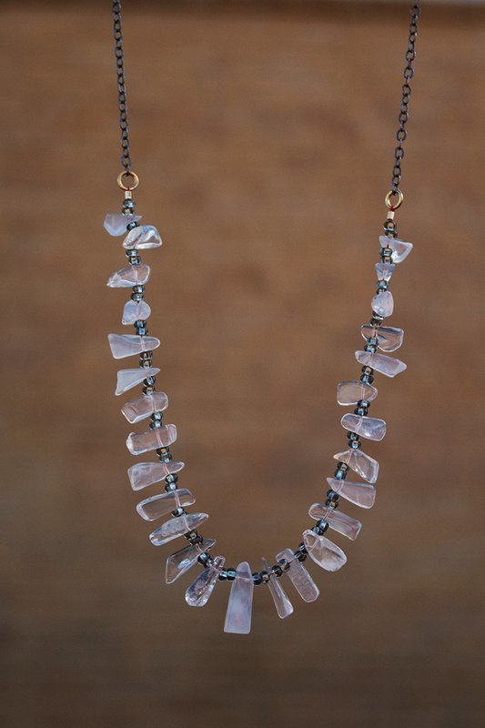 Quartz beads, oxidized silver chain, 2" 14kt gf chain drop