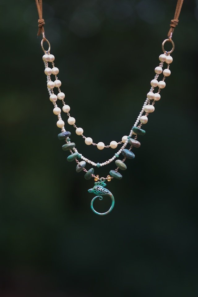 Phoenix pendant with pearls, raw turquoise, leather cord, 14kt gold-filled chain