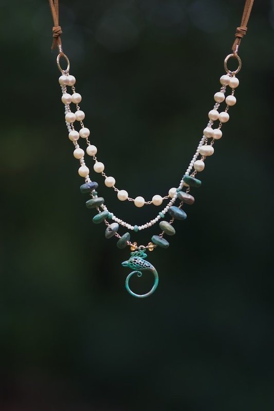 Phoenix pendant with pearls, raw turquoise, leather cord, 14kt gold-filled chain
